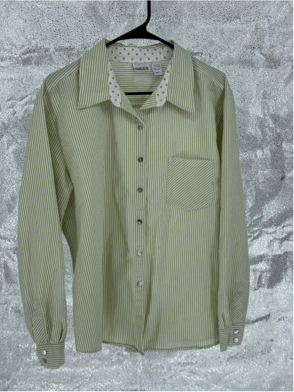 Women's Chico's Button Down Shirt 3X Green White Striped Polka Dot